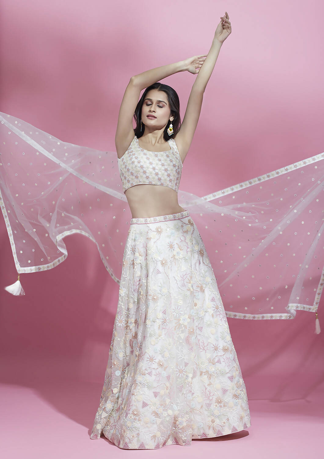 House of Panchhi Cream Net heavy Sequinse embroidery Lehenga choli & Dupatta | Swadesiicart