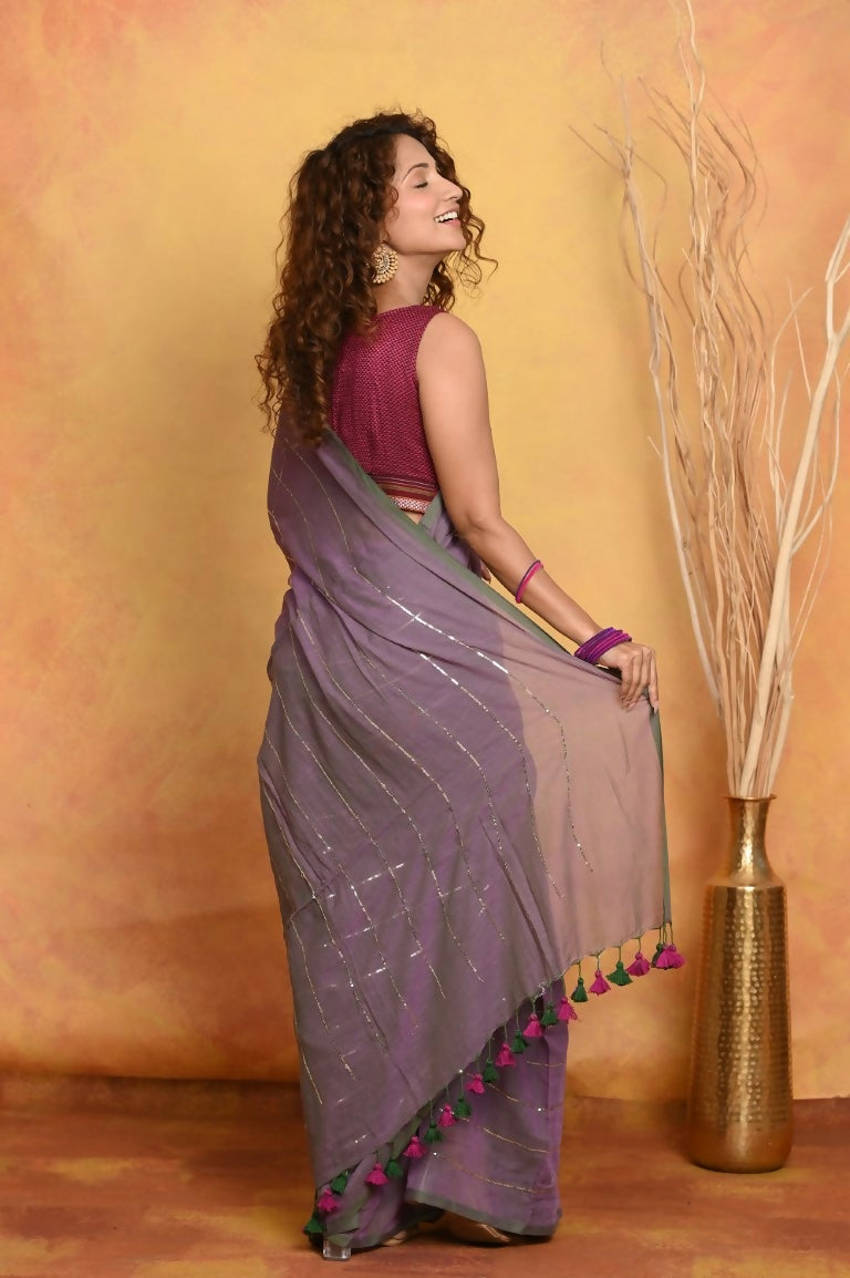 Very Much Indian Designer Mul Cotton Handloom Saree with Sequins - Dual Tone Lavender | Swadesiicart