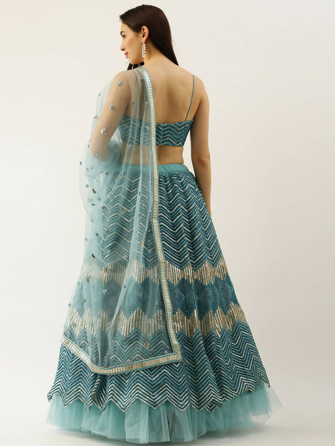 House of Panchhi Women Sea Green Net Zig-Zag Embroideried Lehenga, Blouse & Dupatta | Swadesiicart