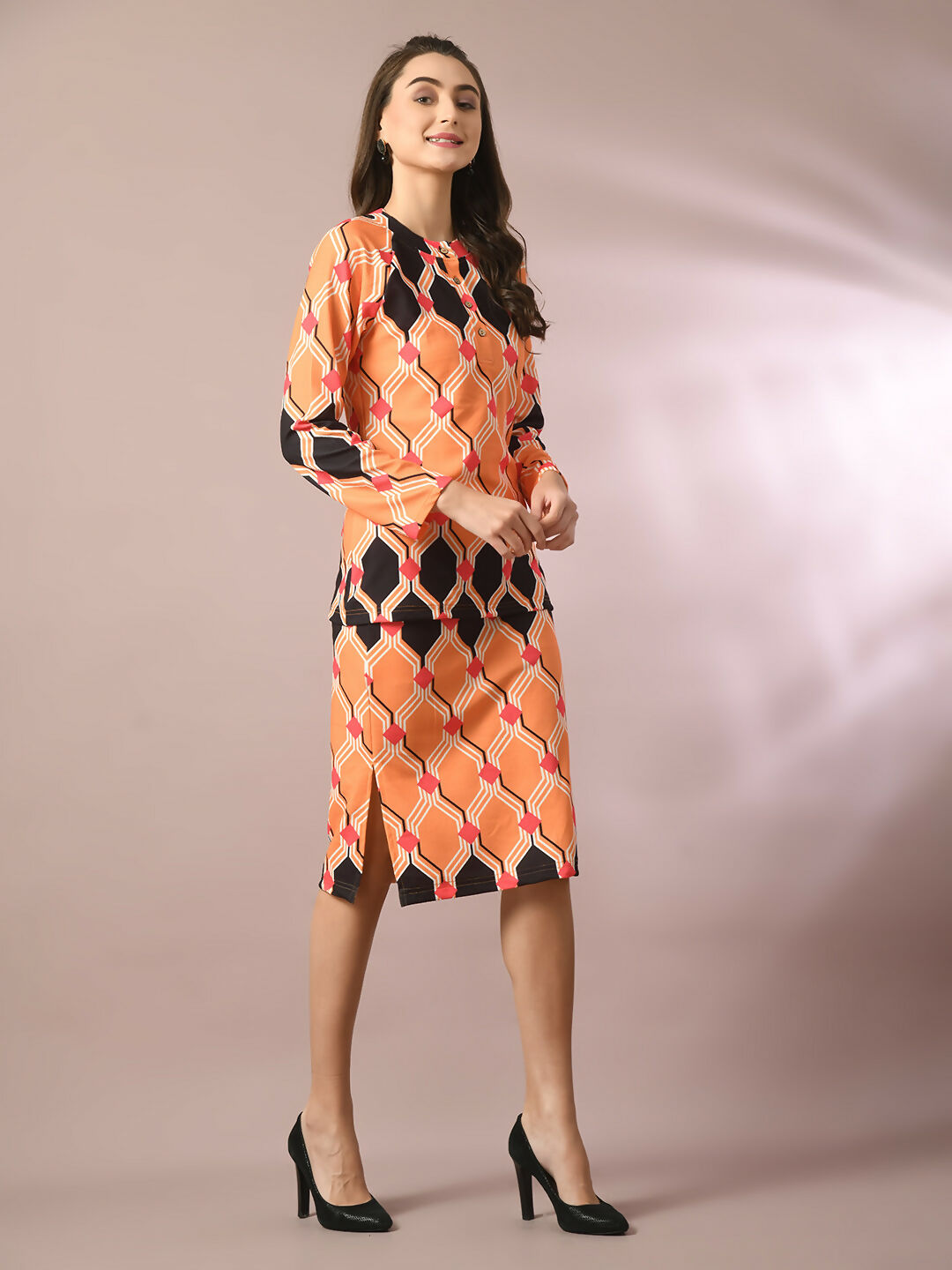 Myshka Women's Multi Printed Round Neck Party Top With Skirt Co-ord set - Swadesiicart