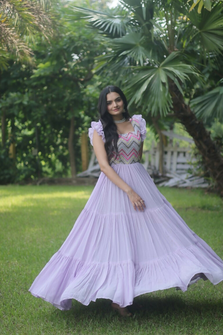 Jyoti Fashion Women's Purple Sequins Thread Embroidery Faux Georgette Anarkali Dress | Swadesiicart