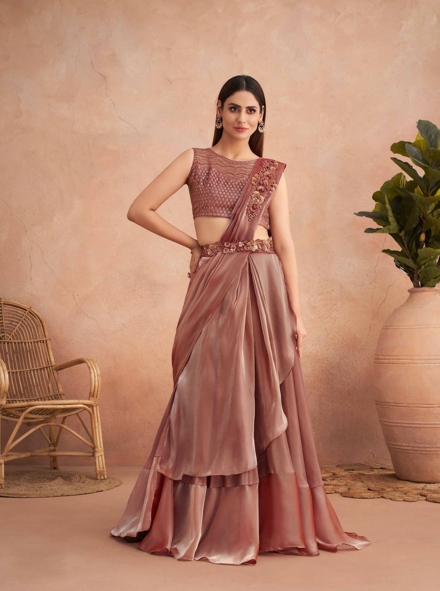 Pink Satin Embroidered Ready To Wear Saree With Unstitched Blouse Piece - Nandika | Swadesiicart