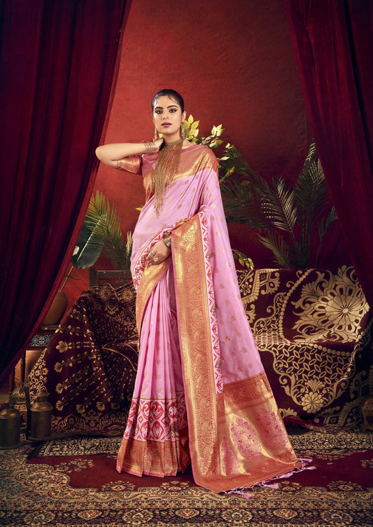 Vishnu Weaves Women's Baby-Pink Paithani Silk Saree with Blouse - Swadesiicart