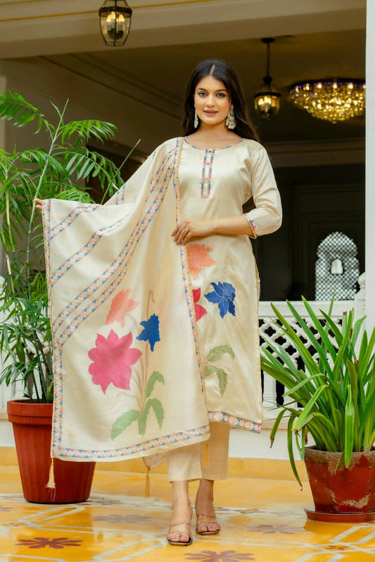 The52 Chiku Women's Beautiful Thread Work Viscose Assam Silk Fabric with Straight Kurta, Pant and Dupatta Set - Swadesiicart