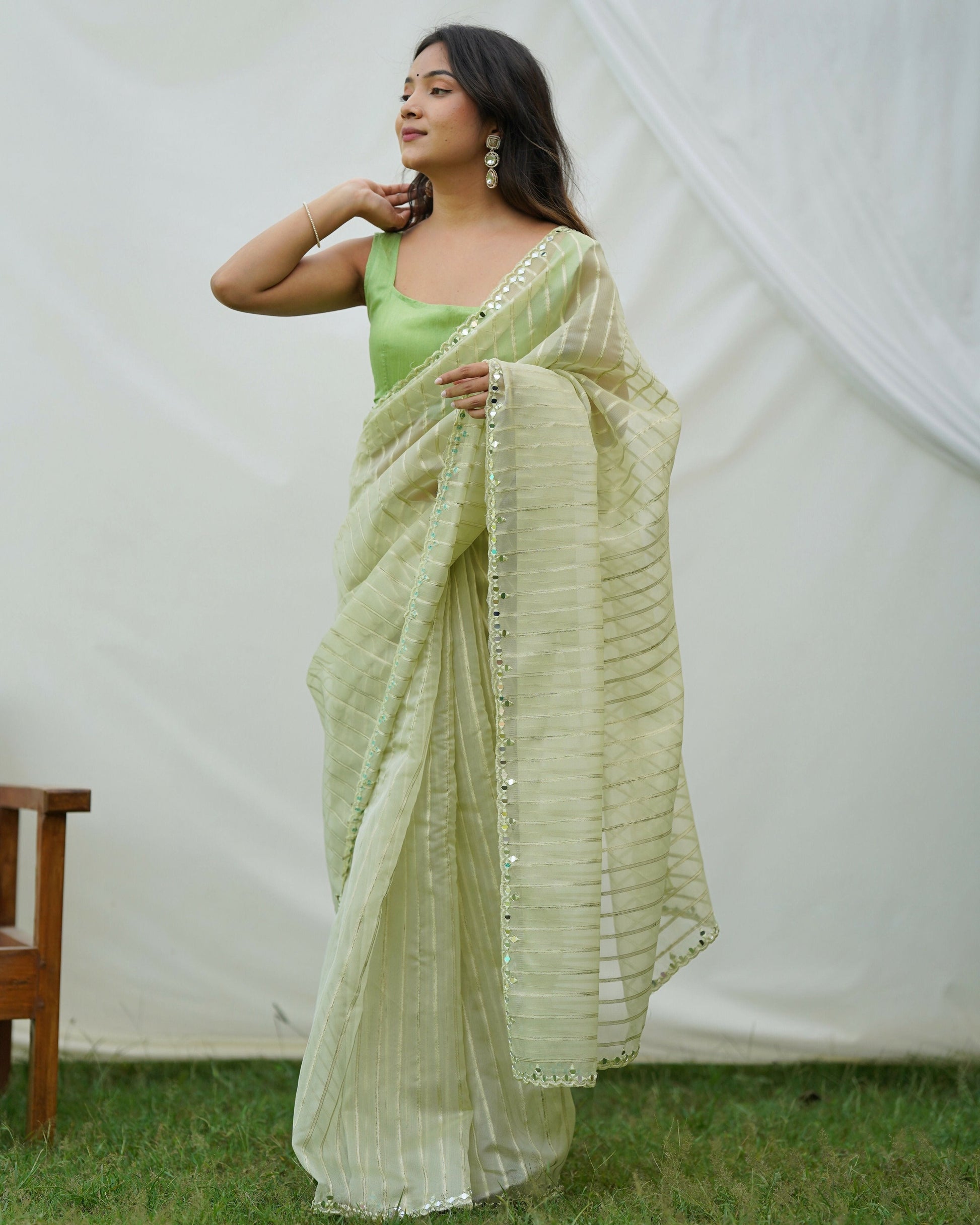 Vamsee Vijaysitara Pista Organza Saree - Swadesiicart