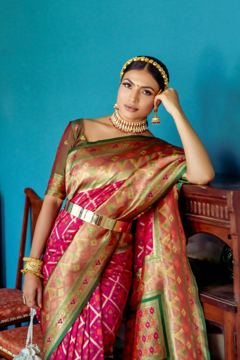 Vishnu Weaves Women's Wine Patola Banarasi Silk Meenakari Zari Woven Saree with Blouse - Swadesiicart