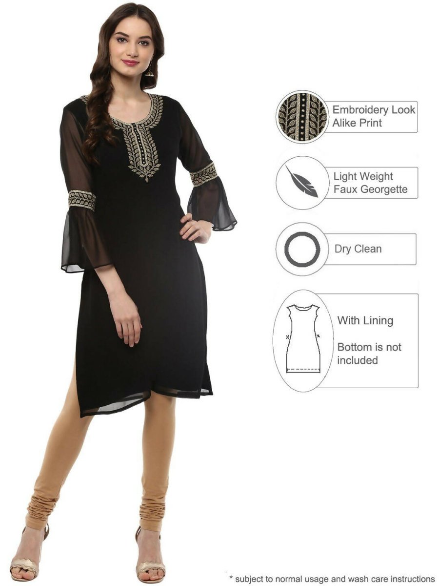Ahalyaa Women's Black Georgette Glitter Print Kurta | Swadesiicart