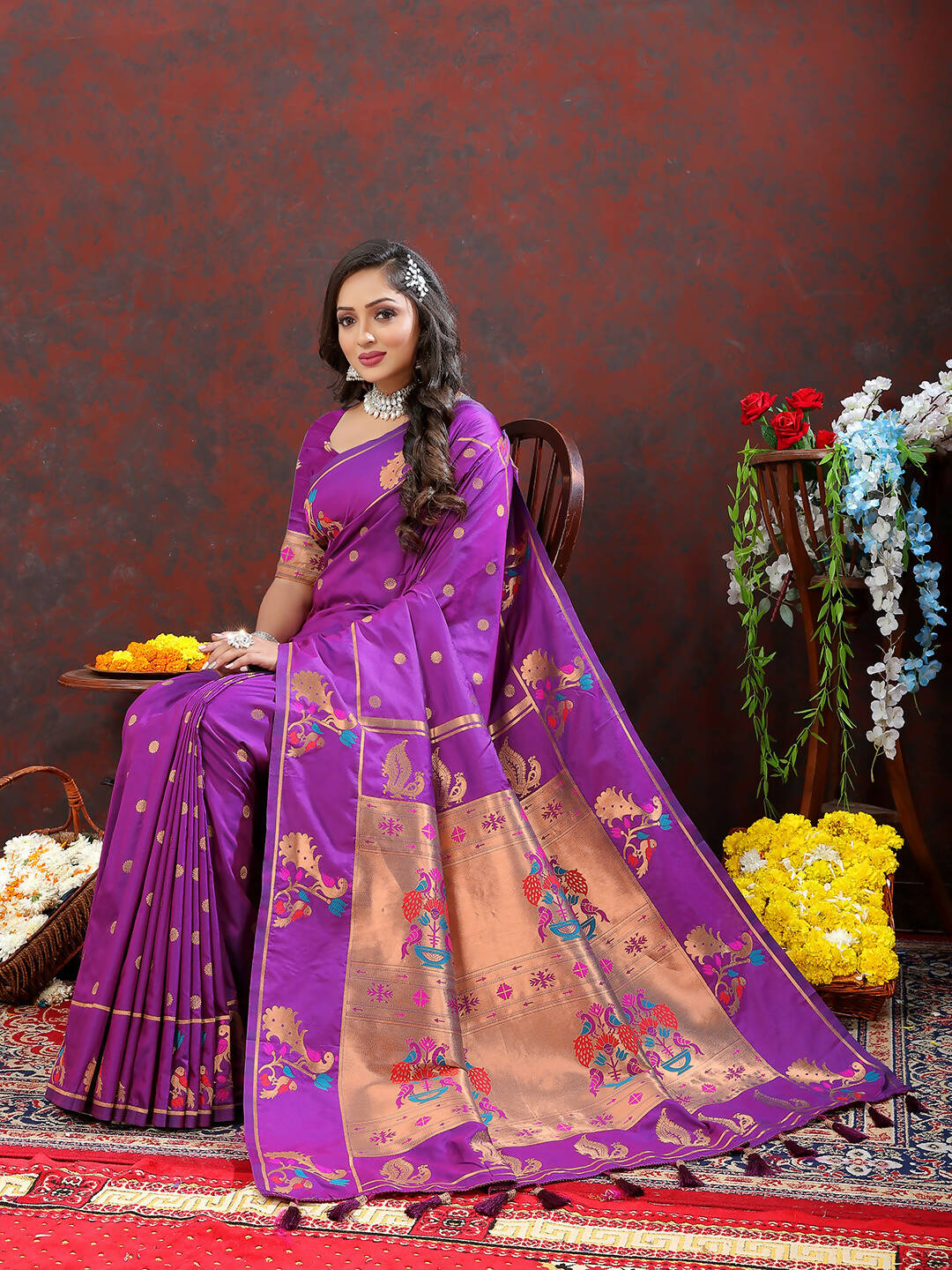 Lorenvalley Fashion Wine Soft Paithani Silk Woven Design Copper Zari Meenakari Weaving Saree - Swadesiicart