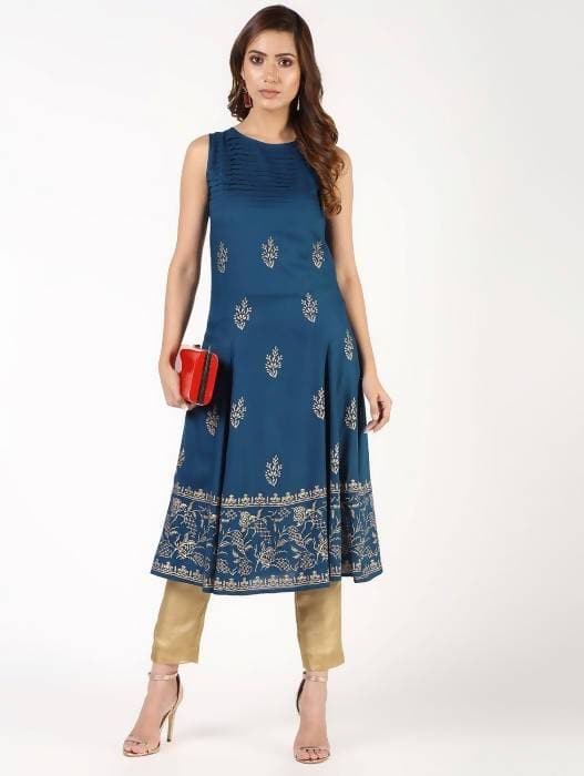 Aniyah Rayon Block Print Flared Blue Kurta (AN-149K) - Swadesiicart