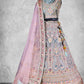 Blue & Pink Velvet Hand Work Semi Stitched Lehenga Choli with Dupatta - Nimaya Lagnotsav