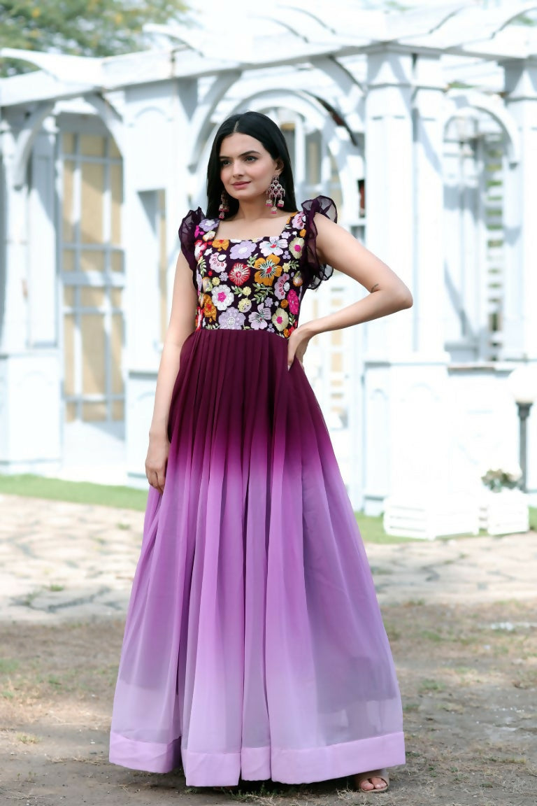 Jyoti Fashion Women's Wine Sequins Embroidery Faux Blooming Anarkali Dress | Swadesiicart