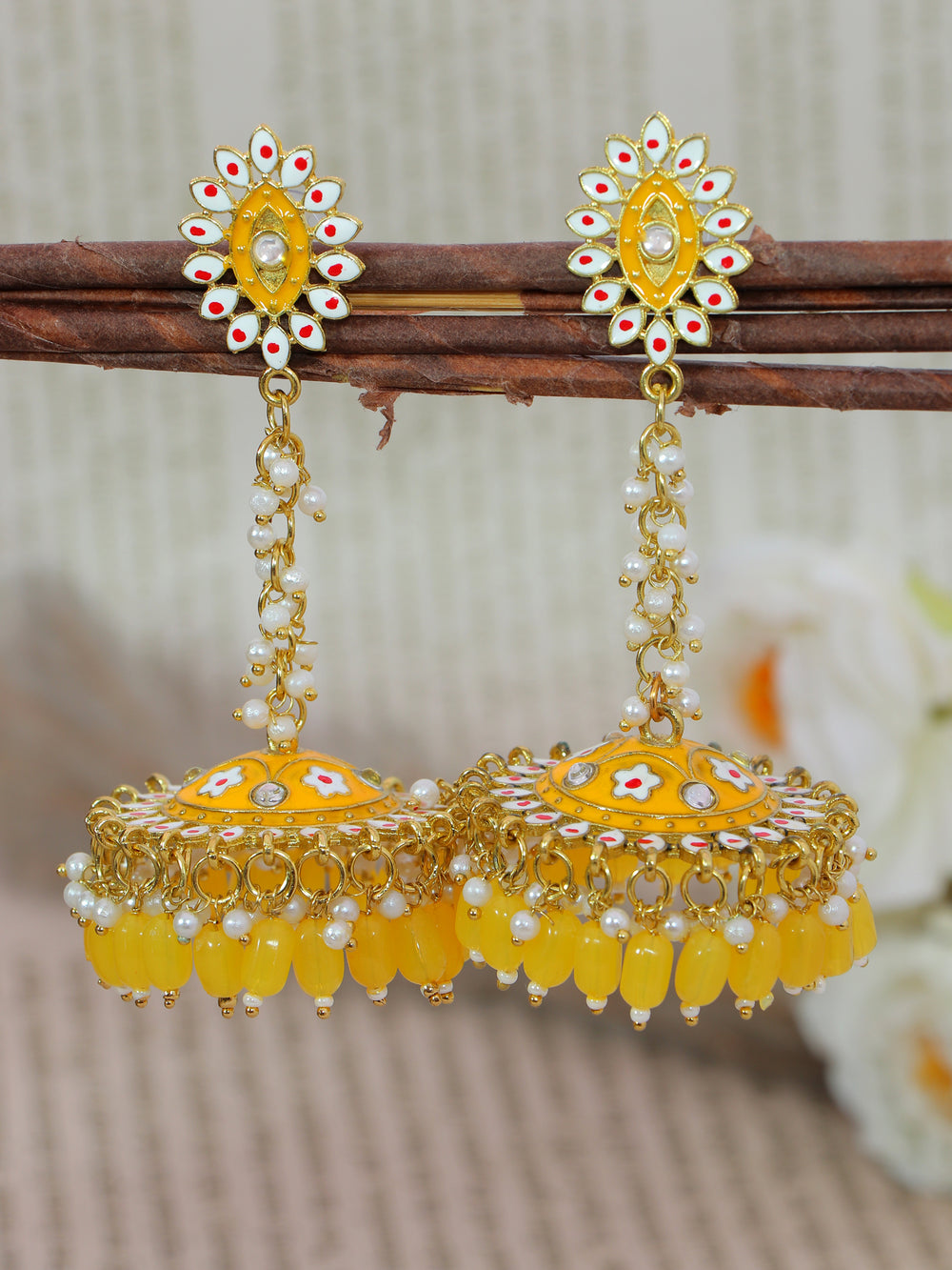 Stylish Partywear Yellow Meenakari Jhumki Earrings for Womens by House of Ree | Swadesiicart