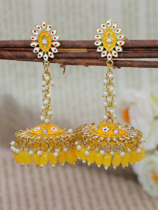 Stylish Partywear Yellow Meenakari Jhumki Earrings for Womens by House of Ree | Swadesiicart