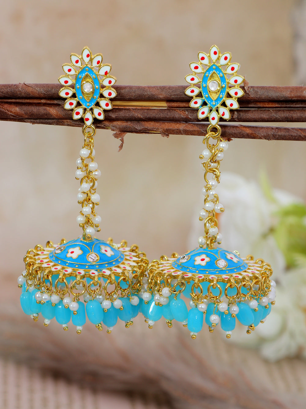 Stylish Partywear Sky Blue Meenakari Jhumki Earrings for Womens by House of Ree | Swadesiicart
