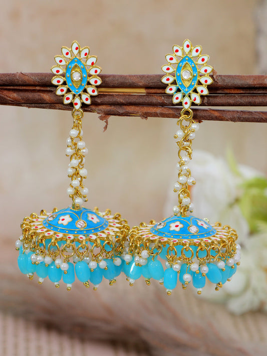 Stylish Partywear Sky Blue Meenakari Jhumki Earrings for Womens by House of Ree | Swadesiicart