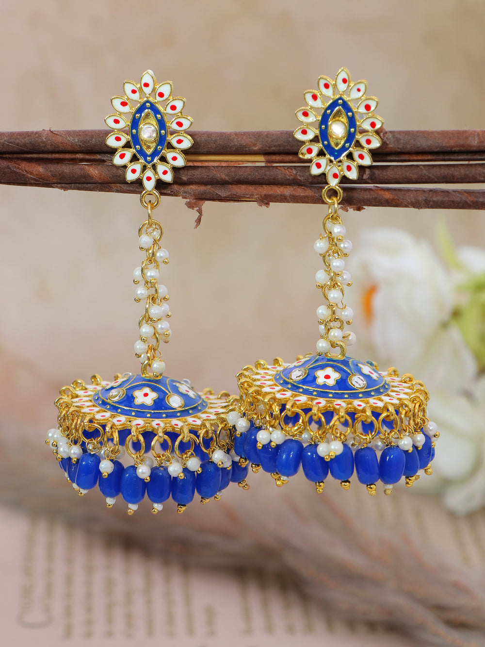 Stylish Partywear Blue Meenakari Jhumki Earrings for Womens by House of Ree | Swadesiicart