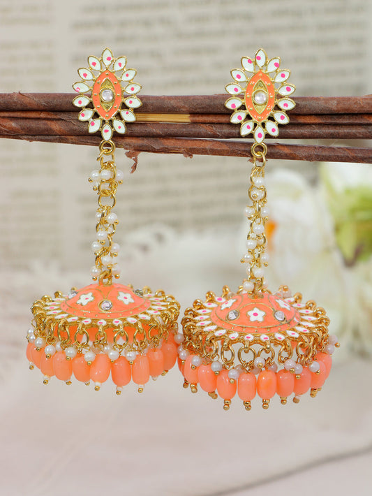 Stylish Partywear Orange Meenakari Jhumki Earrings for Womens by House of Ree | Swadesiicart