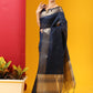 Vishnu Weaves Women's Navy Blue Tussar Silk Zari Woven Saree with Blouse - Swadesiicart