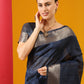 Vishnu Weaves Women's Navy Blue Tussar Silk Zari Woven Saree with Blouse - Swadesiicart