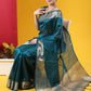 Vishnu Weaves Women's Teal Blue Tussar Silk Zari Woven Saree with Blouse - Swadesiicart
