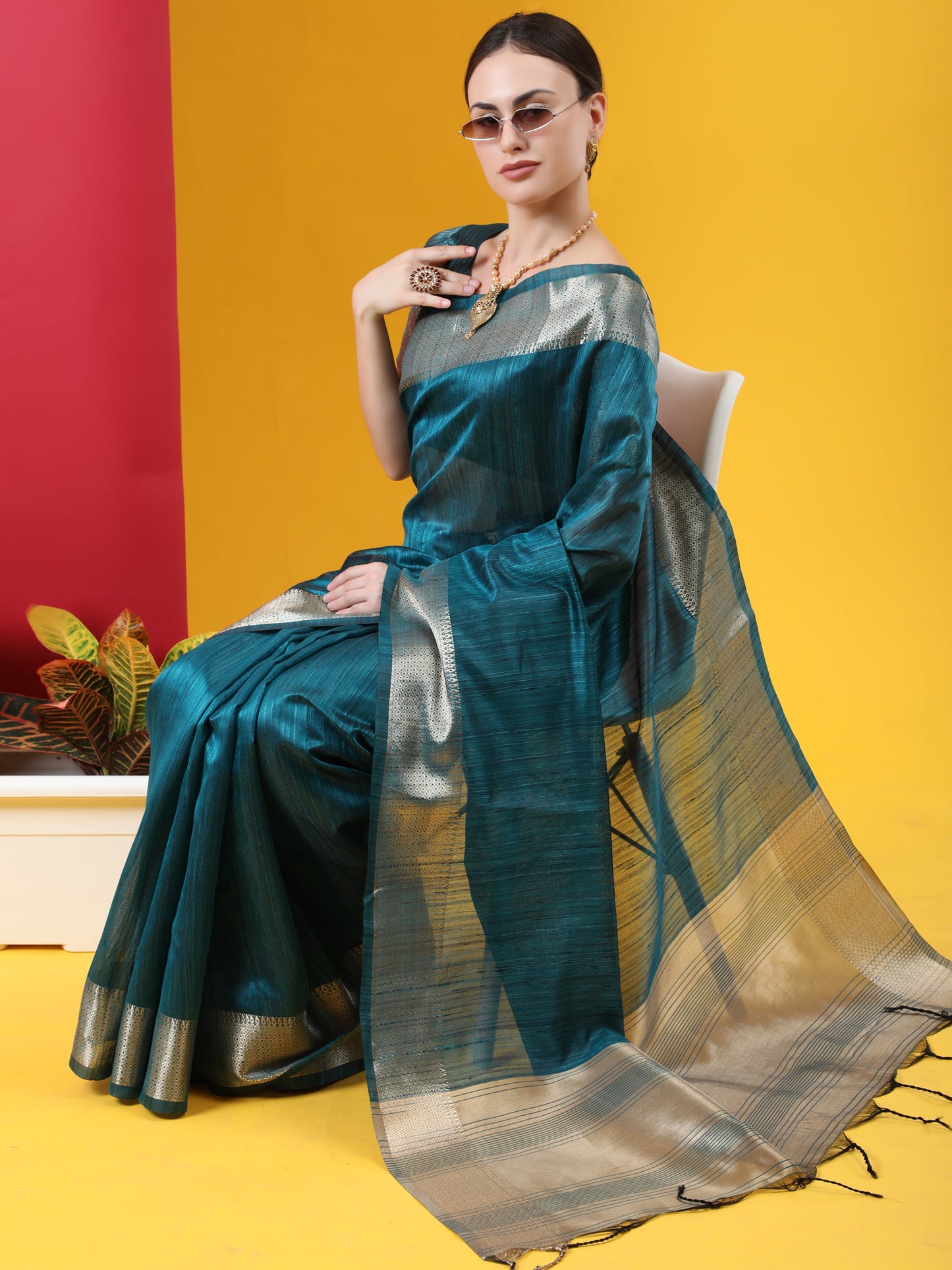 Vishnu Weaves Women's Teal Blue Tussar Silk Zari Woven Saree with Blouse - Swadesiicart