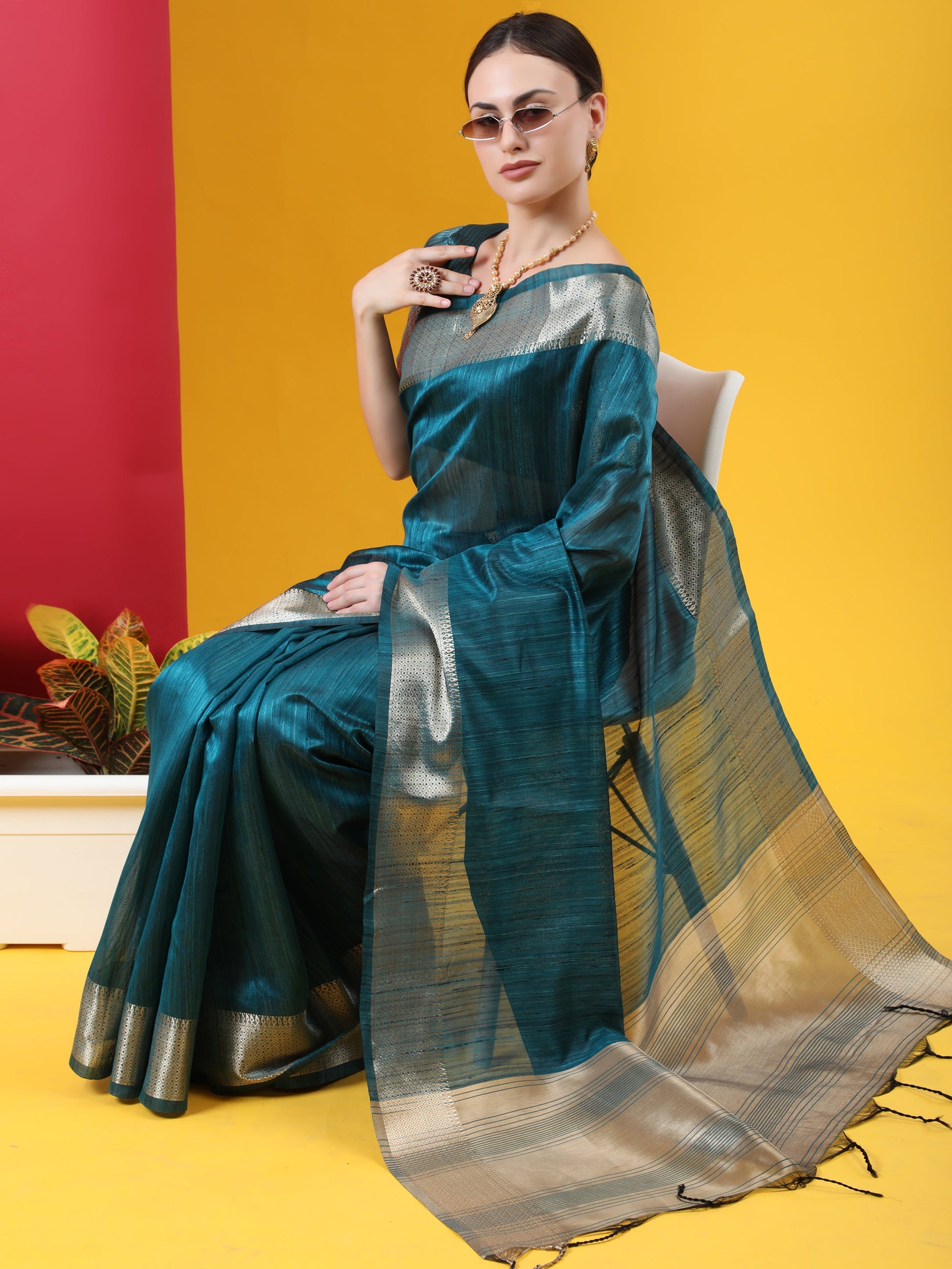 Vishnu Weaves Women's Teal Blue Tussar Silk Zari Woven Saree with Blouse - Swadesiicart