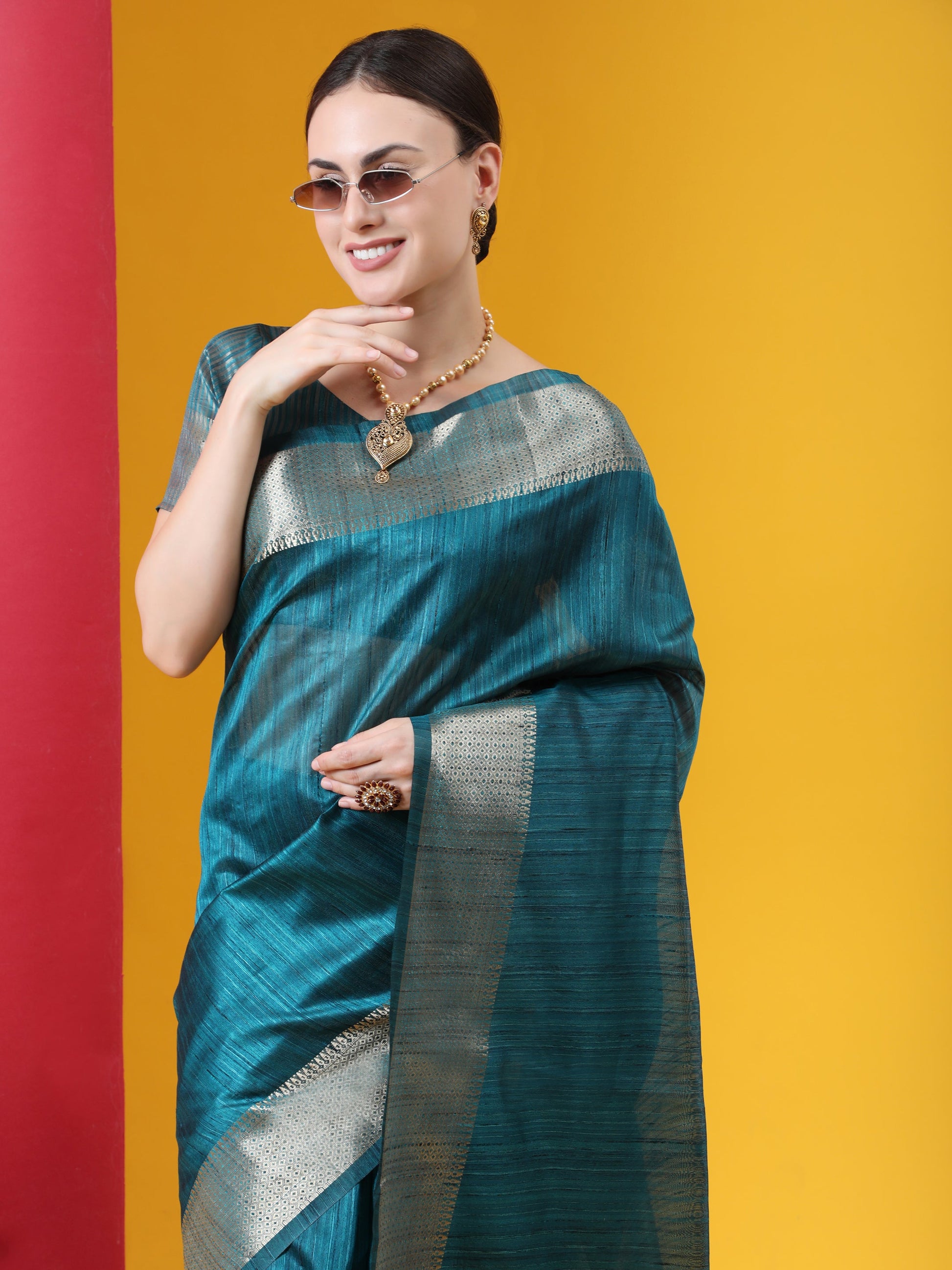Vishnu Weaves Women's Teal Blue Tussar Silk Zari Woven Saree with Blouse - Swadesiicart