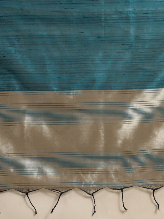Vishnu Weaves Women's Teal Blue Tussar Silk Zari Woven Saree with Blouse - Swadesiicart
