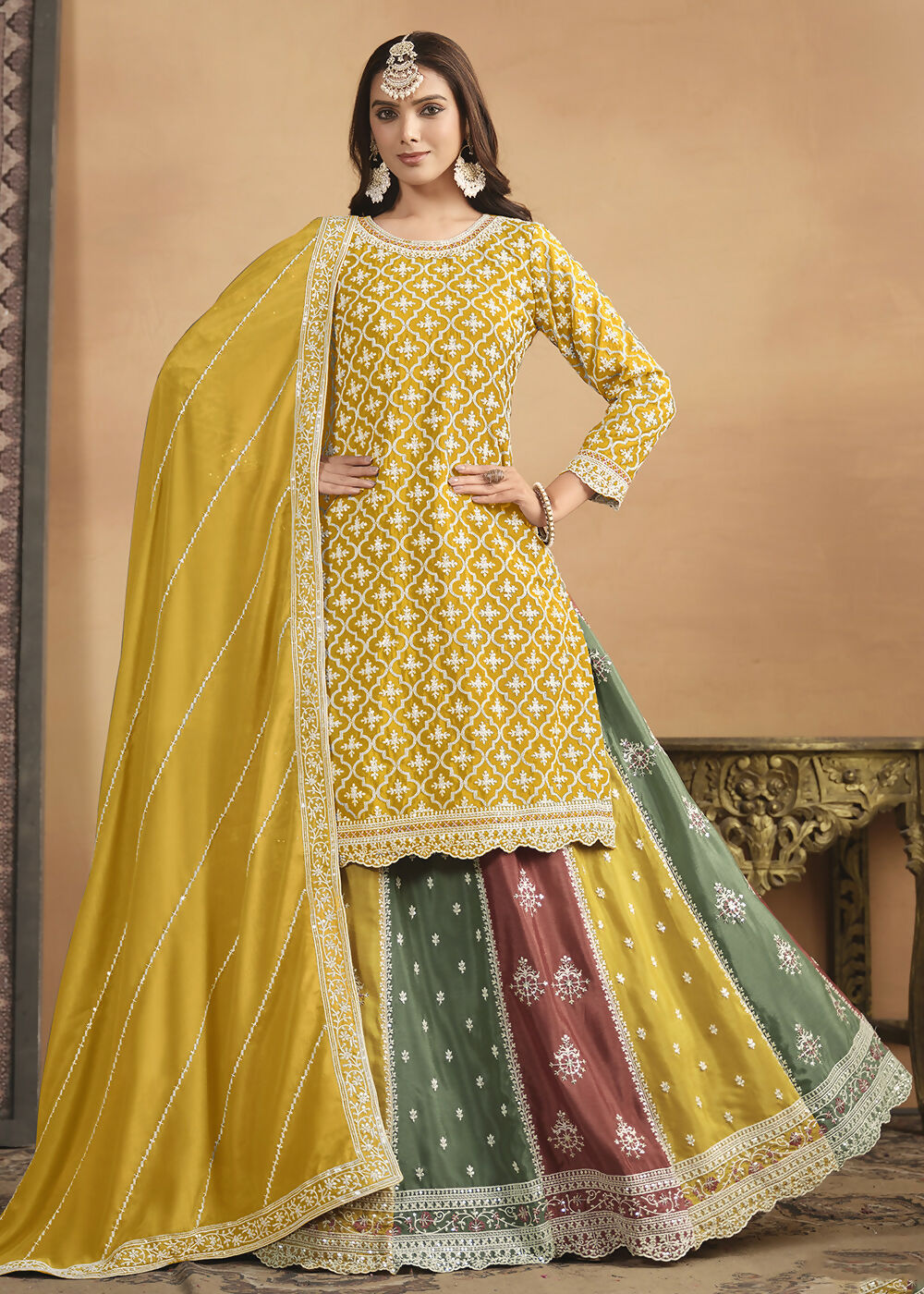 Chinnon Yellow Multicolor Embroidered Lehenga Style Suit - Emponline | Swadesiicart