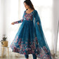 Lorenvalley Fashion Women Pure Soft Organza Silk Floral Print Fully Flair Anarkali With Pent Dupatta Set - Teal | Swadesiicart