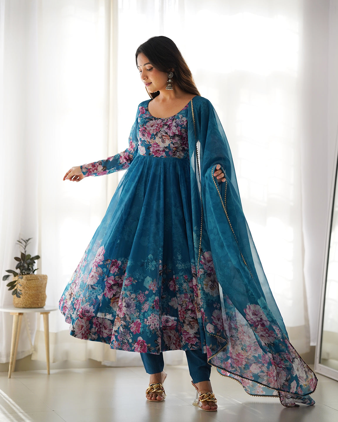 Lorenvalley Fashion Women Pure Soft Organza Silk Floral Print Fully Flair Anarkali With Pent Dupatta Set - Teal | Swadesiicart