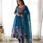 Lorenvalley Fashion Women Pure Soft Organza Silk Floral Print Fully Flair Anarkali With Pent Dupatta Set - Teal | Swadesiicart