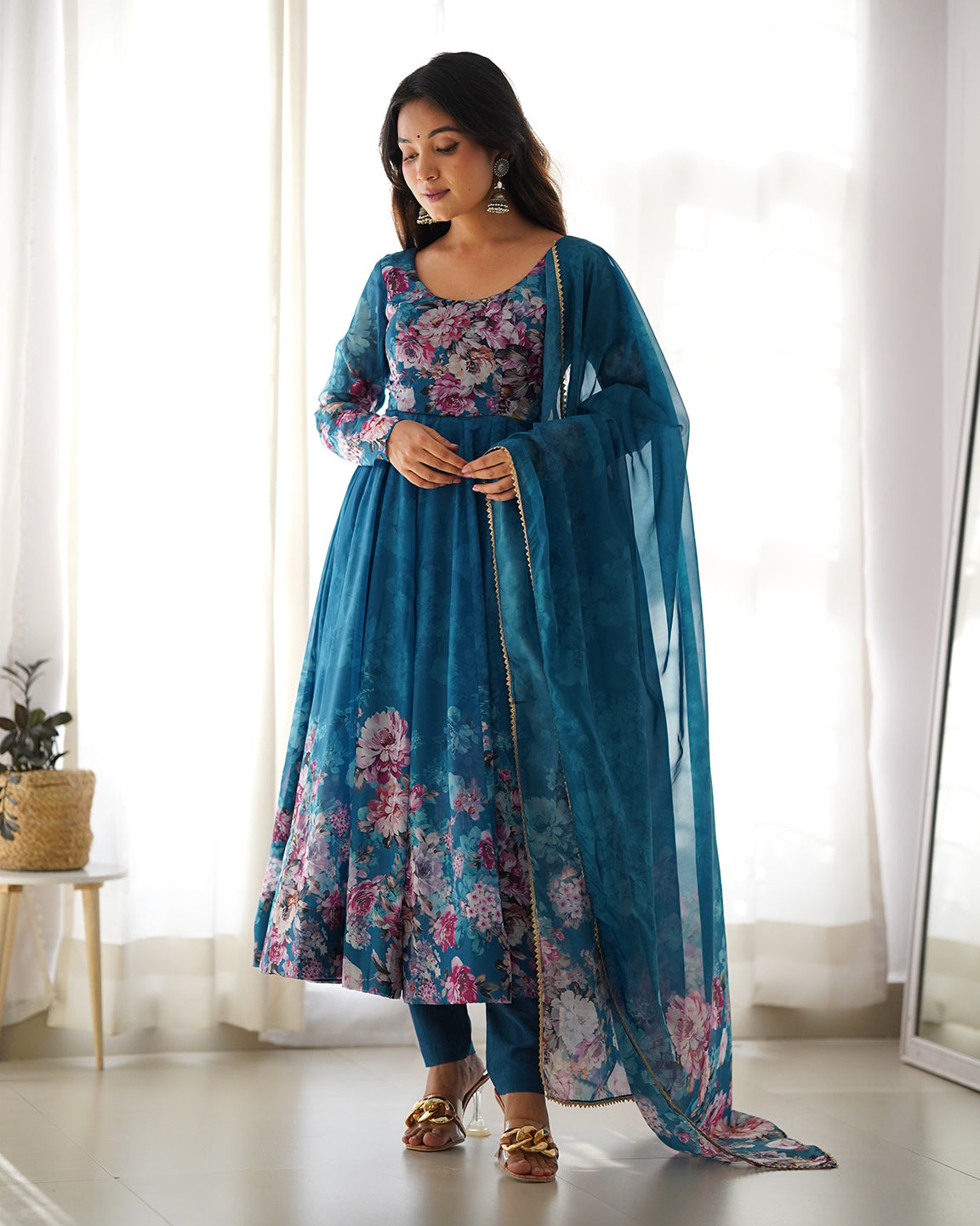 Lorenvalley Fashion Women Pure Soft Organza Silk Floral Print Fully Flair Anarkali With Pent Dupatta Set - Teal | Swadesiicart
