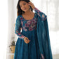 Lorenvalley Fashion Women Pure Soft Organza Silk Floral Print Fully Flair Anarkali With Pent Dupatta Set - Teal | Swadesiicart