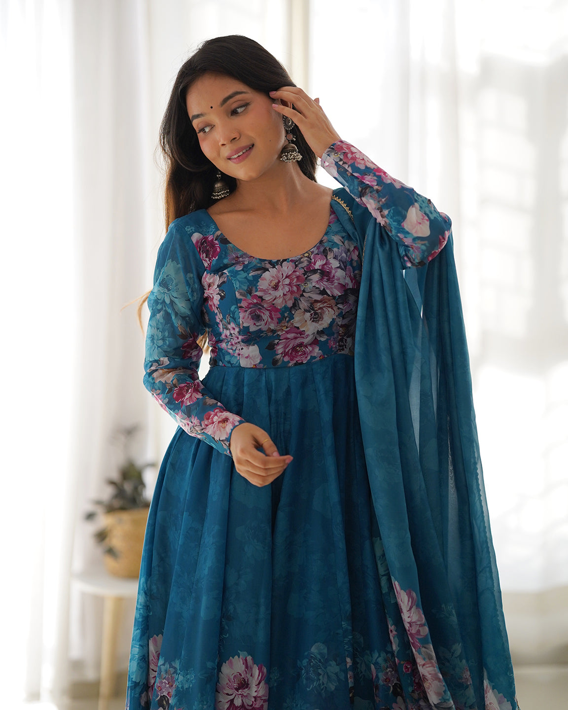 Lorenvalley Fashion Women Pure Soft Organza Silk Floral Print Fully Flair Anarkali With Pent Dupatta Set - Teal | Swadesiicart