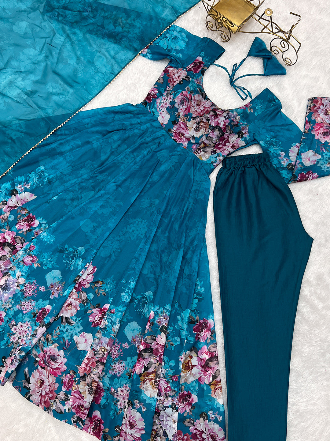 Lorenvalley Fashion Women Pure Soft Organza Silk Floral Print Fully Flair Anarkali With Pent Dupatta Set - Teal | Swadesiicart