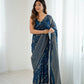 Lorenvalley Fashion Rama Solo Georgette Superb Finishing Foils Print & Fancy Zalar Lace in Border Saree with Blouse - Swadesiicart