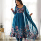 Lorenvalley Fashion Women Pure Soft Organza Silk Floral Print Fully Flair Anarkali With Pent Dupatta Set - Teal | Swadesiicart