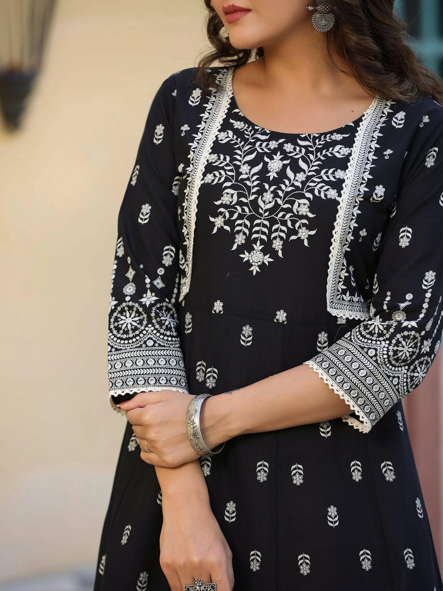 Juniper Women's Black Printed Anarkali Flared Dress | Swadesiicart