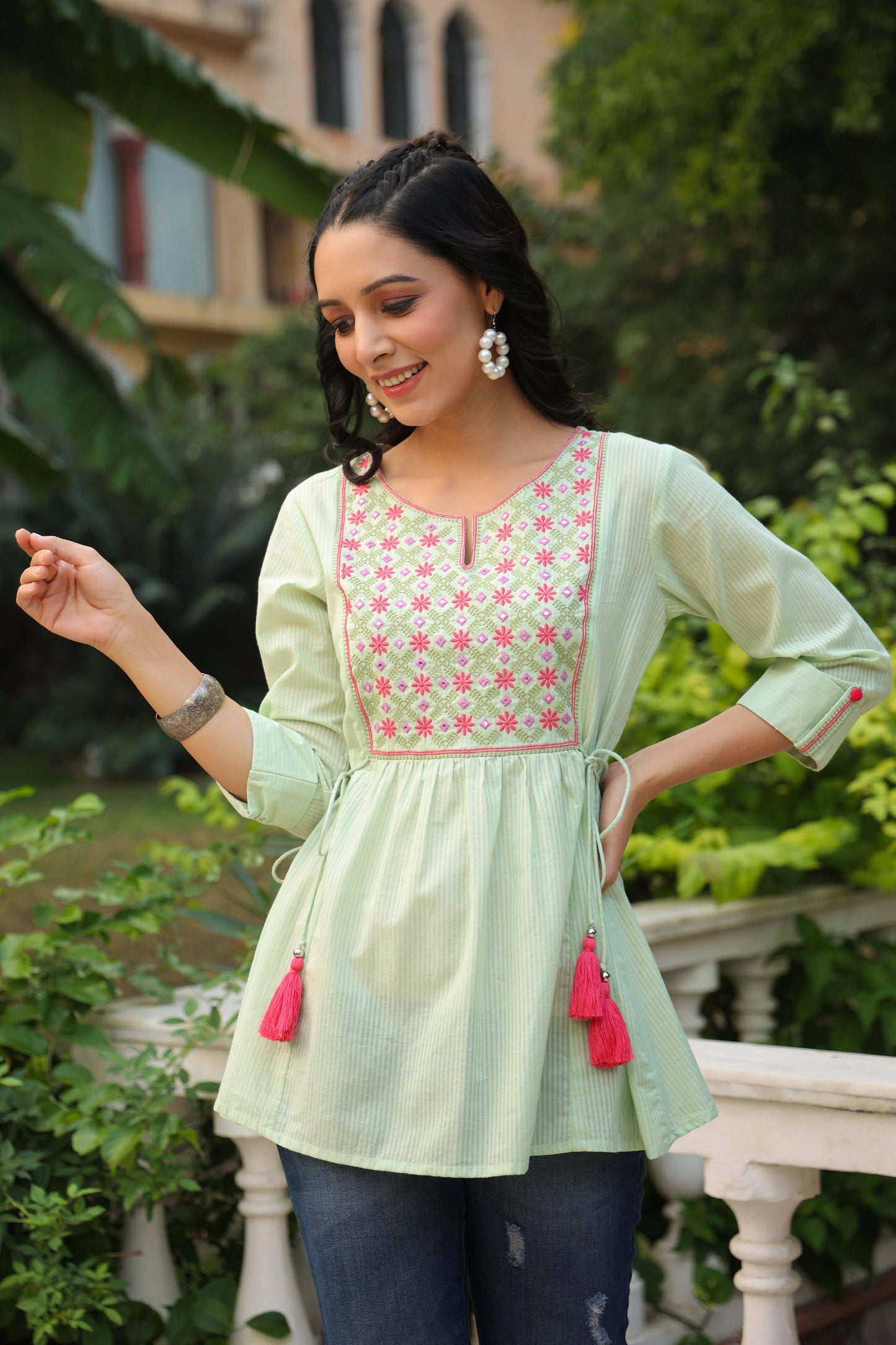 Juniper Women's Green Cotton Dobby Solid Embroidered Straight Tunic | Swadesiicart