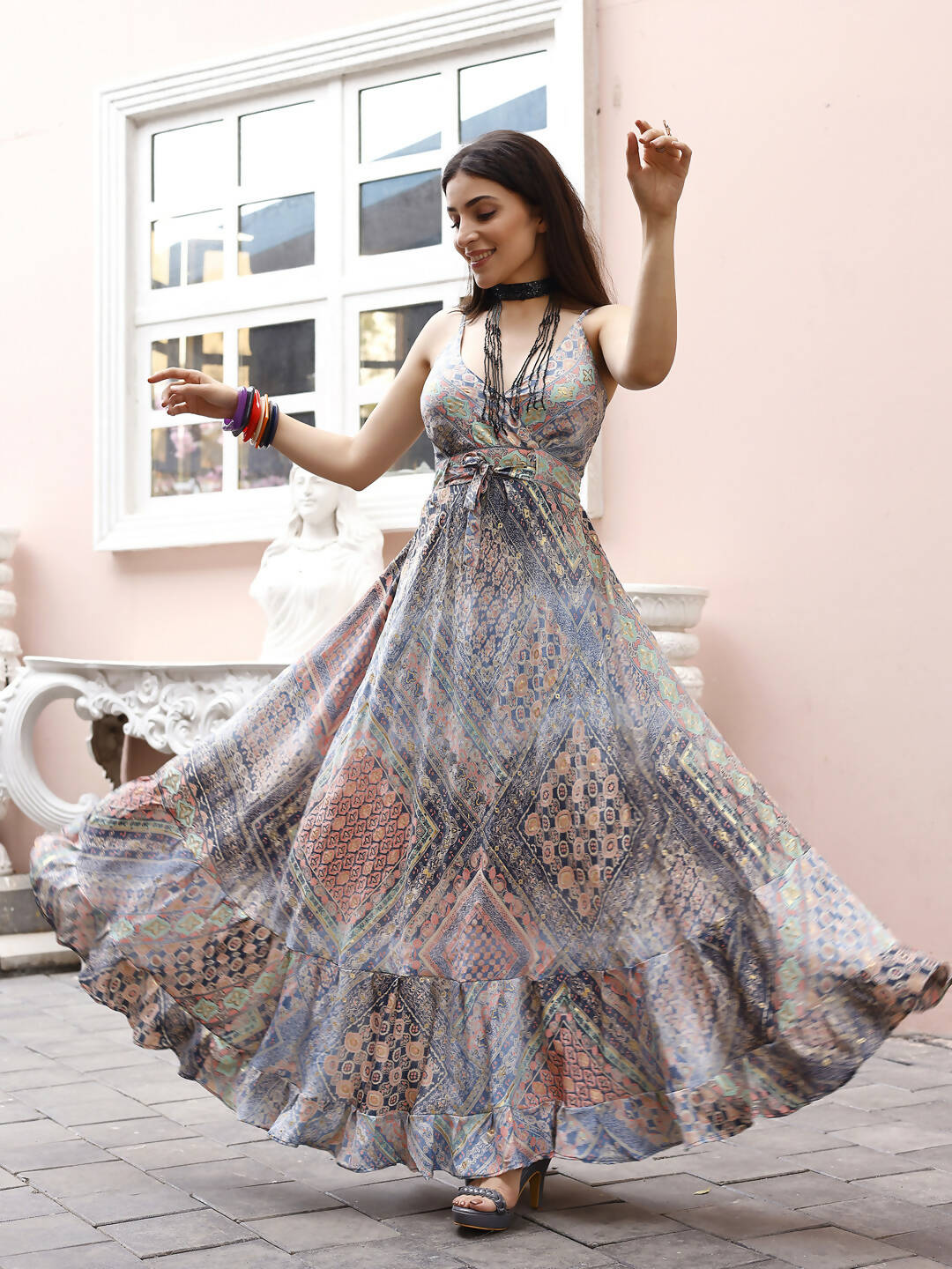 Blue Crepe Foil Printed Long Dress - Michan | Swadesiicart