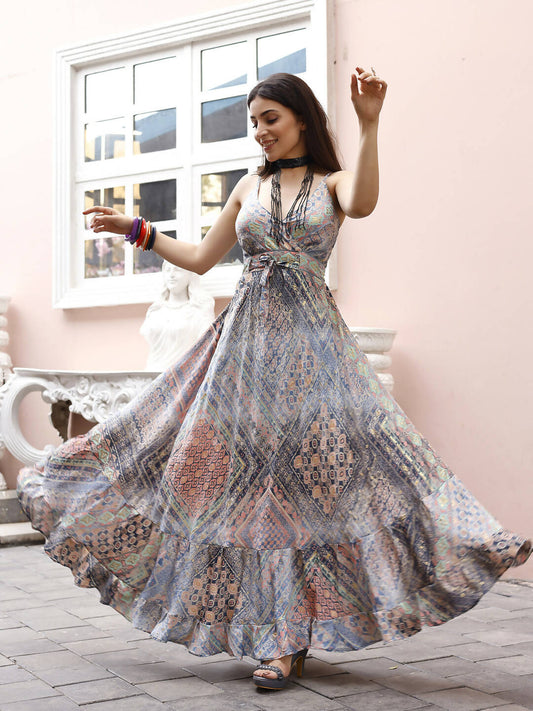 Blue Crepe Foil Printed Long Dress - Michan | Swadesiicart
