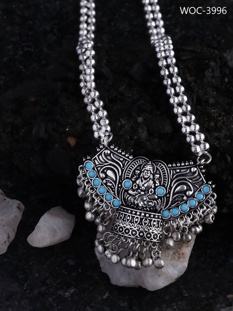 Mominos Fashion Johar Kamal Oxidised Laxmi Mata With Tarquiose Stones Long Necklace | Swadesiicart