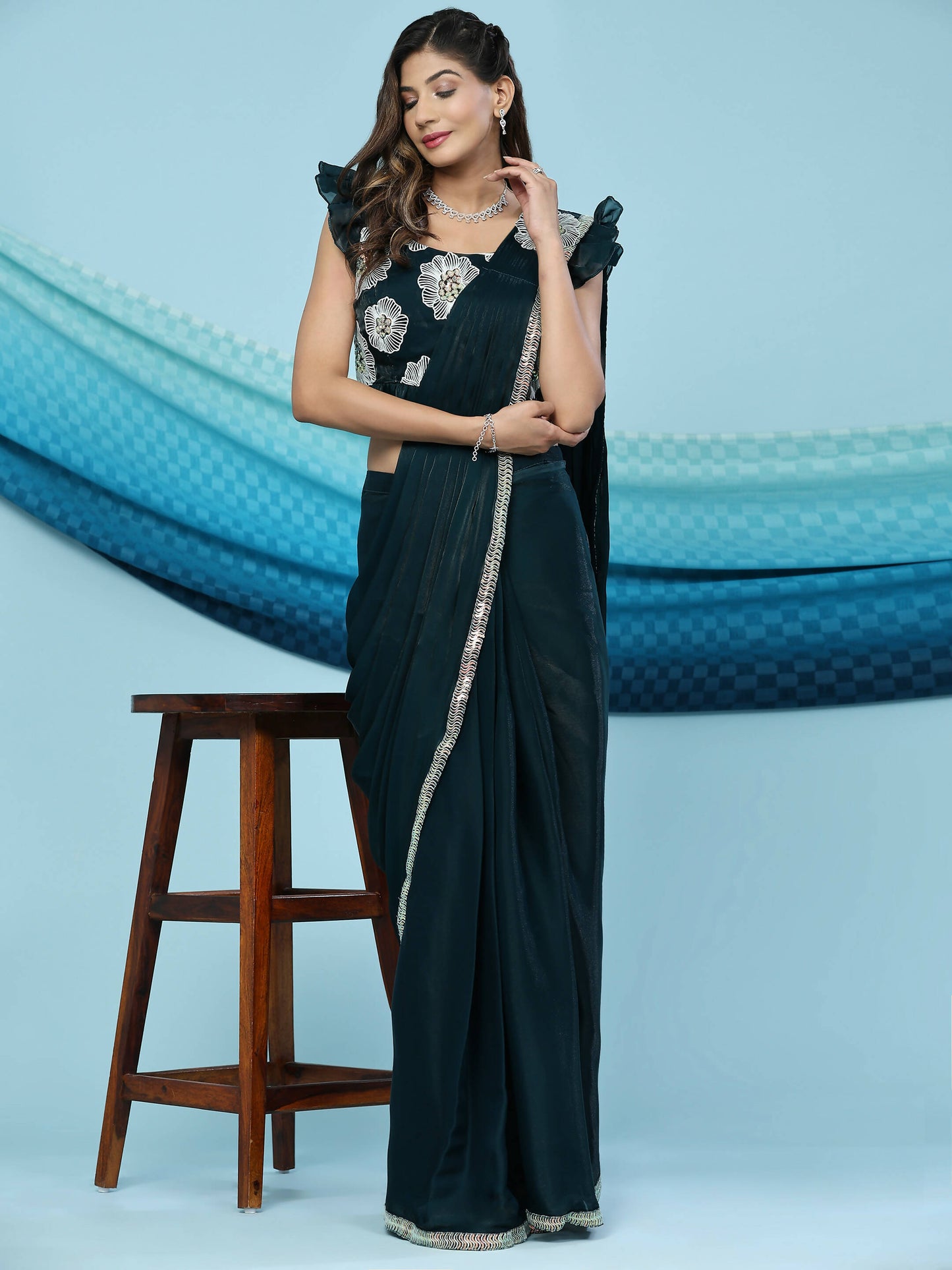Green Silk Satin Sequence Work Ready to Wear Saree with stitched Blouse - Nirvana | Swadesiicart