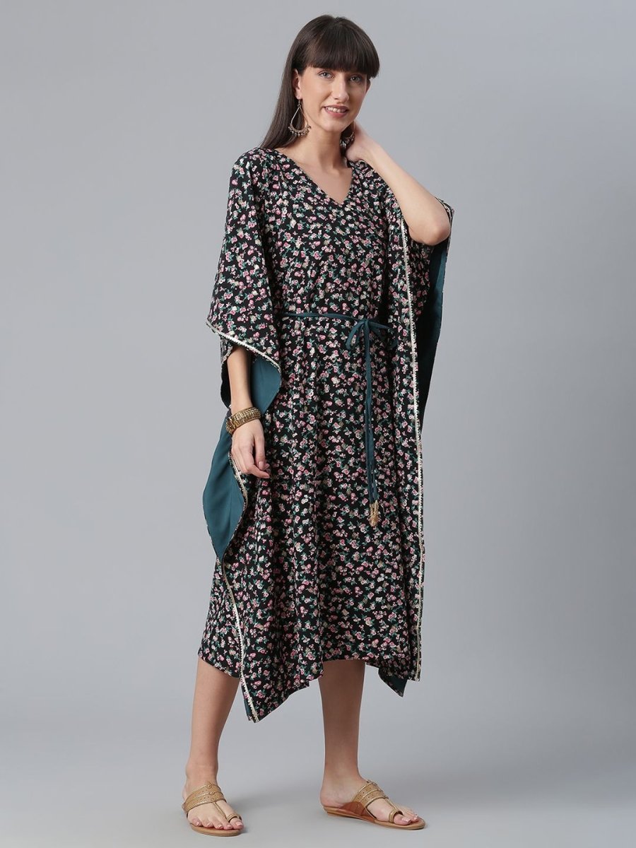 Ahalyaa Crepe Black Digital & Foil Floral Printed Kaftan | Swadesiicart