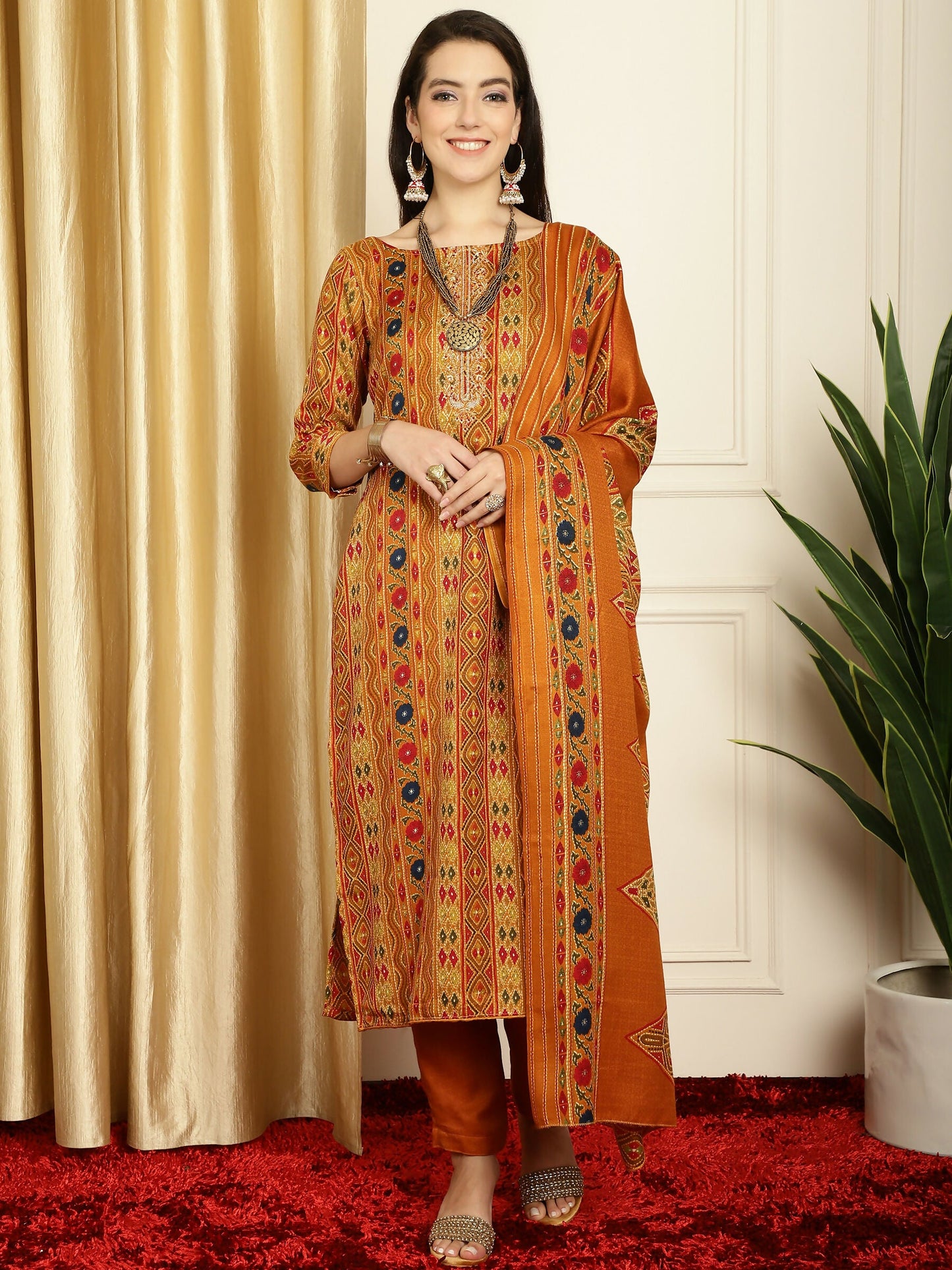 Jyoti Fashion Women's Mustard Pashmina Floral Digital Printed Kurta with Trouser & Dupatta | Swadesiicart