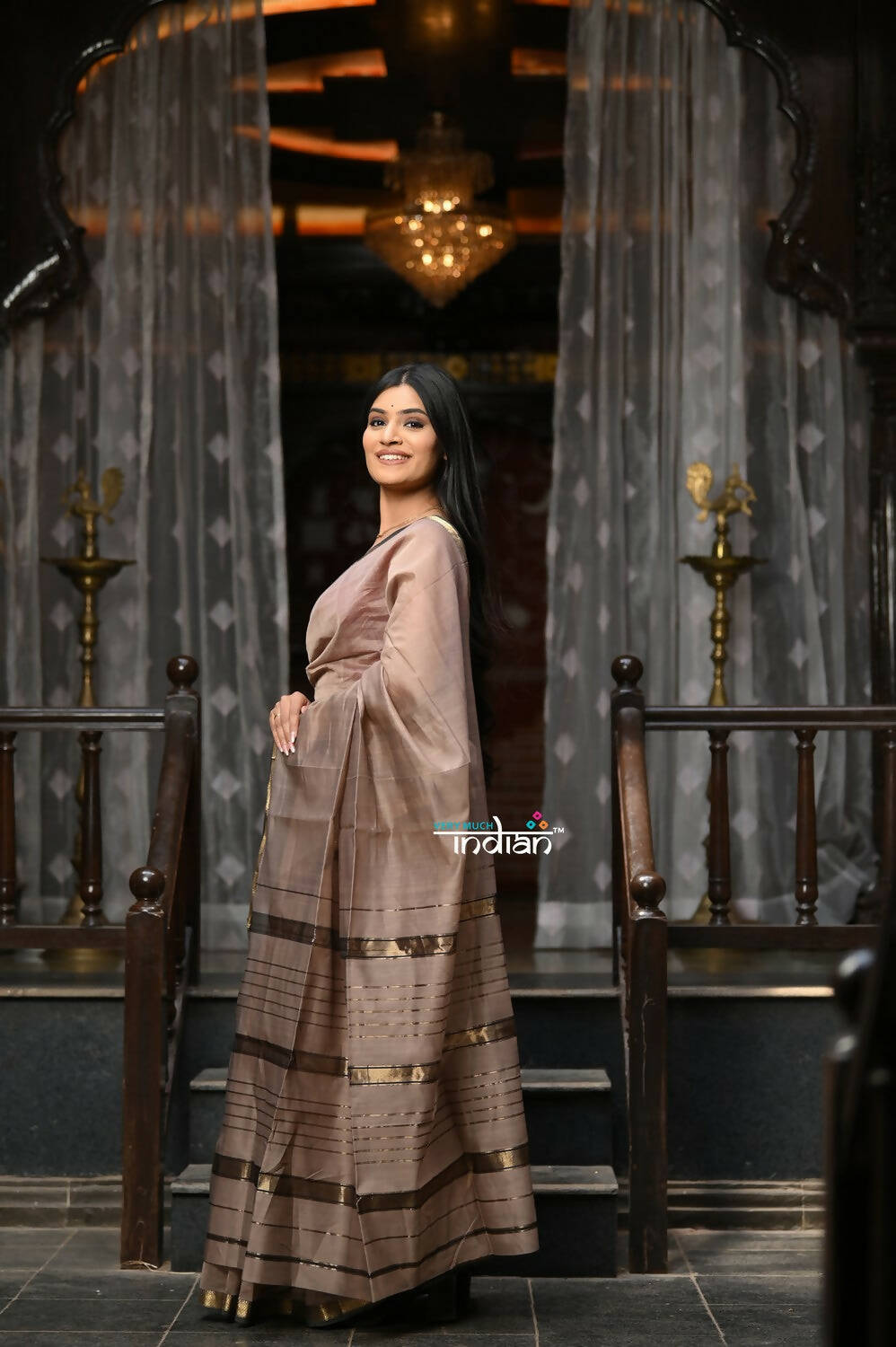 Very Much Indian VMI Exclusive Designer! Handloom Cotton Silk Saree With Sleek Golden Border - Warm Taupe | Swadesiicart