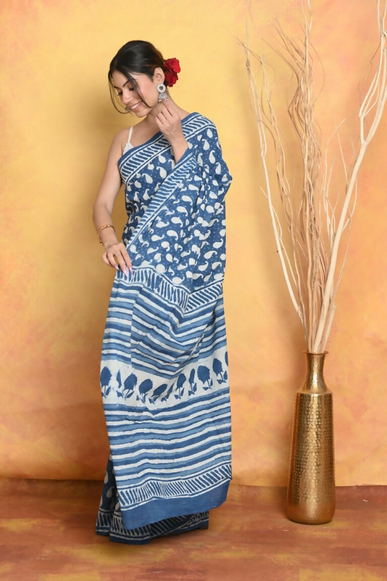 Very Much Indian Handblock Printed Cotton Saree With Natural Dyes - Blue | Swadesiicart