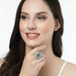 NVR Women's Green & Silver CZ-Studded Square-Shaped Adjustable Finger Ring | Swadesiicart