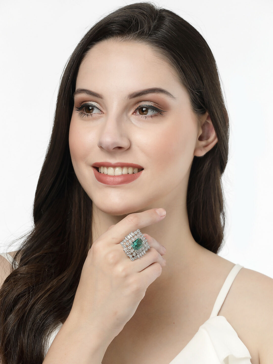 NVR Women's Green & Silver CZ-Studded Square-Shaped Adjustable Finger Ring | Swadesiicart